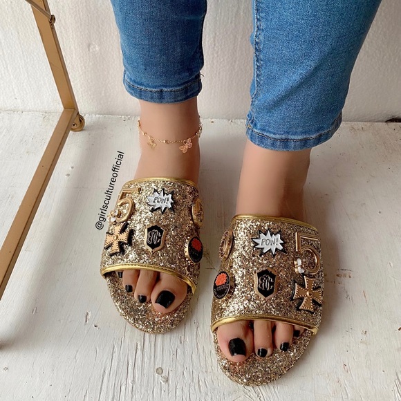 Shoes - Gold Shimmer Pins Slides Sandal